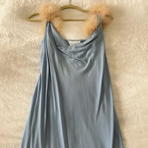 Sleeper mini dress in blue with cream feathers on shoulder straps, size Large